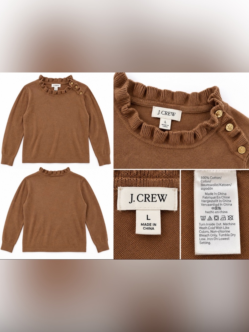 J.Crew Brown Ruffle Neck Cotton Sweater Size L Fall Preppy Academia